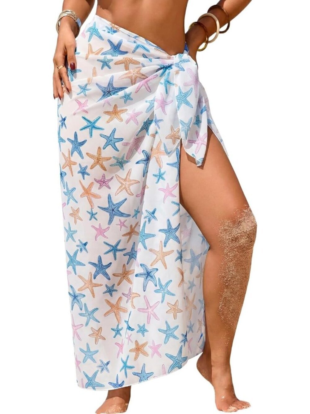 Women's White Starfish Prints Swimsuit High Slit Summer Floral Print Wrap Beach